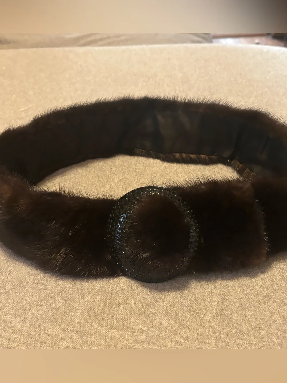 Vintage 50s Mink Dark Brown Fur Wide Brown Belt Decorative Round Black Buckle 32